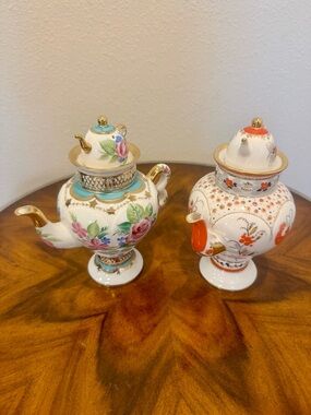 2 Russian Lomonosov Hand Painted Porcelain Tea Pots Imperial Porcelain Factory